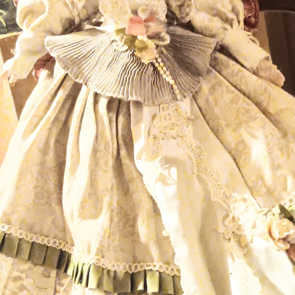 Cream Ruffled Gown with Puff Sleeves and Bib Collar